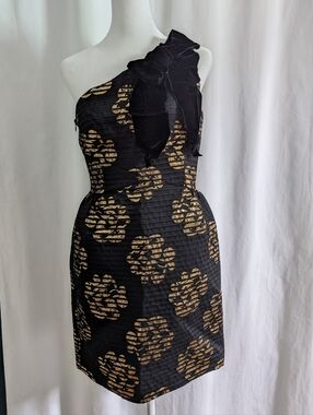 Milly New York Black Gold Metallic Floral Textured Bow One Shoulder Mini Dress S